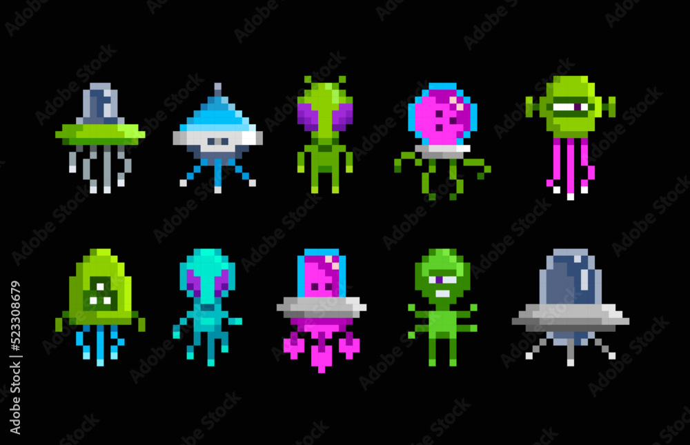 Vector Pixel Art UFO aliens and space chips in retro 8-bit game style