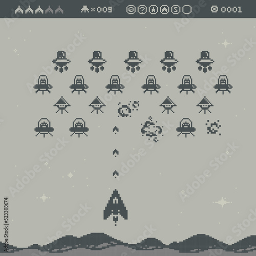 8-bit pixel game concept in pixel art style. Retro 8 bit computer game. Pixilated Space arcade. Vintage Game elements template vector illustration