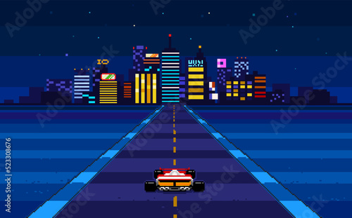 Retro 8-bit game Race Arcade style Pixel art. Pixel synthwave graphics with night city background and racing car on the road. Editable vector illustration. © VRTX