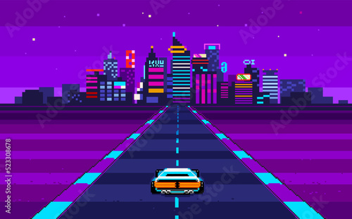 Retro 8-bit game Race Arcade in Pixel Cyberpunk style. Pixel synthwave graphics with night city background and futuristic car on the road. Pixel art vector illustration
