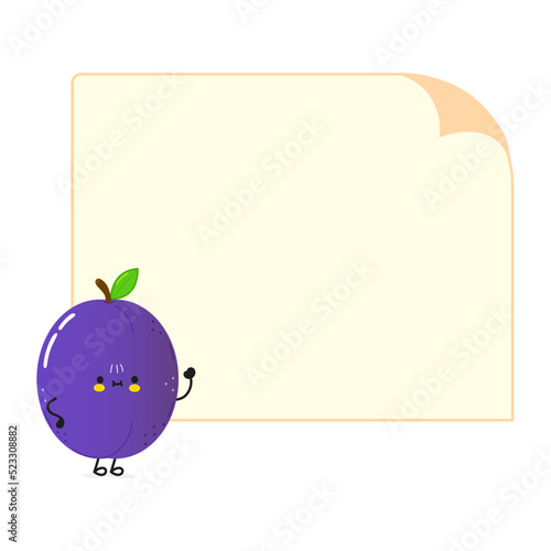 Cute funny plum poster character. Vector hand drawn cartoon kawaii character illustration. Isolated white background. Plum poster