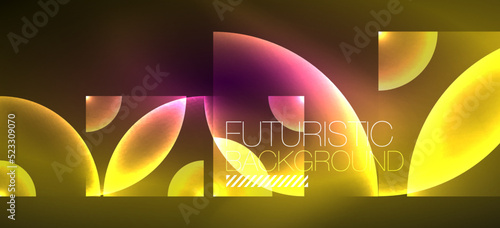 Shiny neon geometric abstract background. Glowing lights on round shapes, triangles and circles. Wallpaper for concept of AI technology, blockchain, communication, 5G, science, business