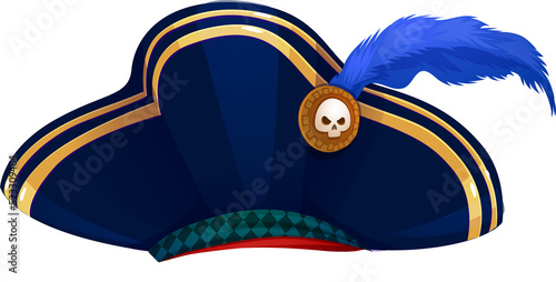 Cartoon filibuster pirate cap, tricorn cocked hat