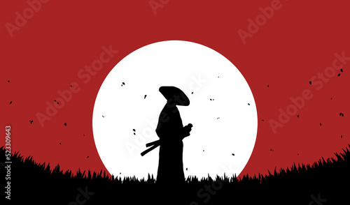 Silhouette of a samurai standing in the meadow under the moonlight. Digital art style. illustration painting