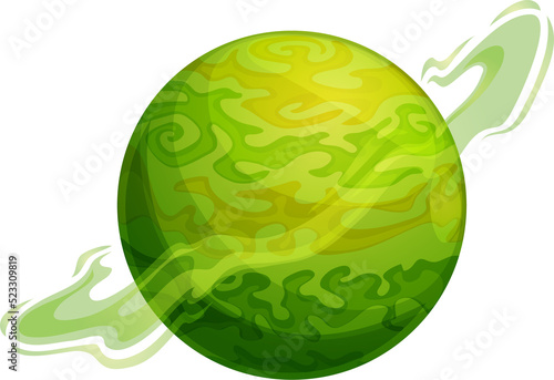 Cartoon green space planet with swirl haze ring