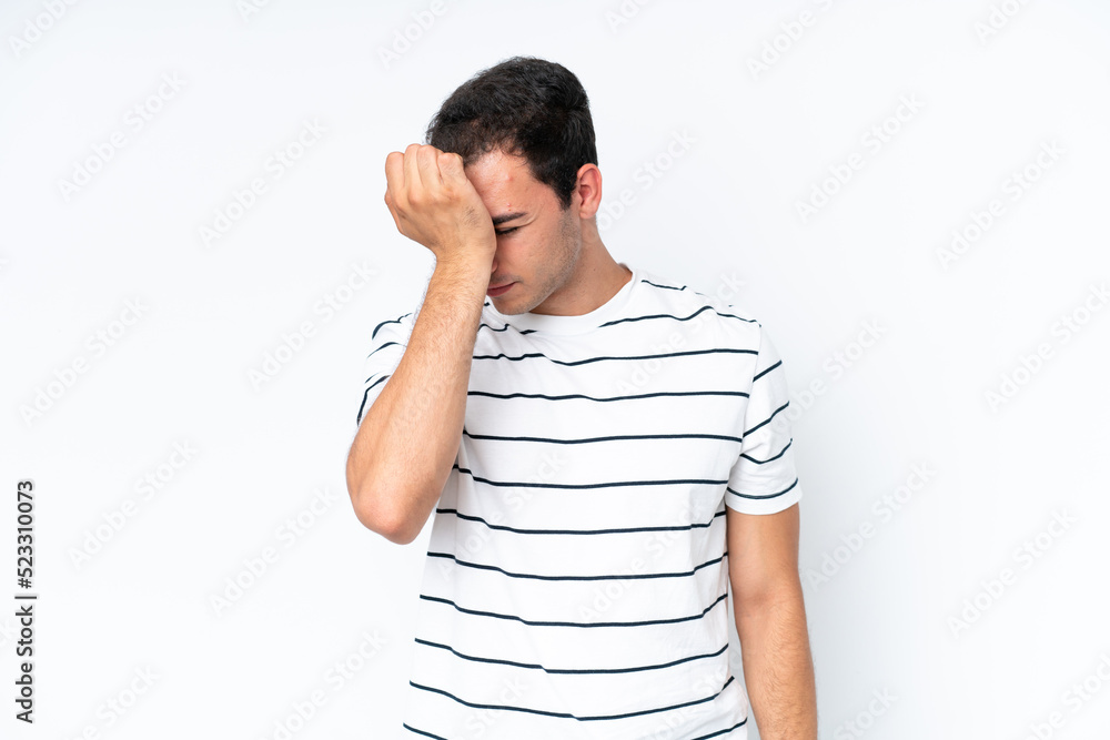 Young caucasian man isolated on white background with headache Young caucasian man isolated on white background with headache