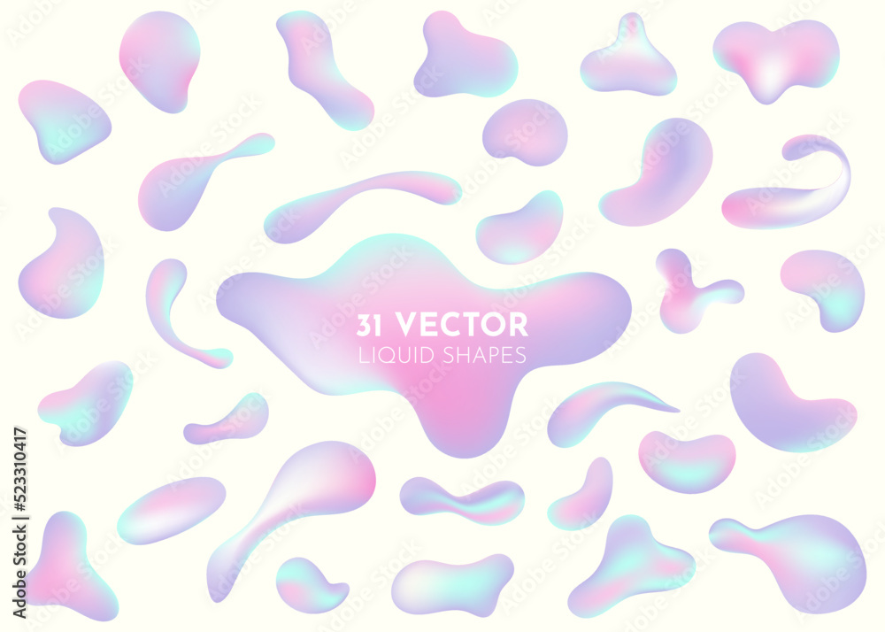 Liquid flow pastel purple, blue 3D neon lava lamp vector geometric set for banner, card or UI design. Gradient mesh bubble in the shape of a wave drop. 31 Fluid colorful abstract shapes collection Liquid flow pastel purple, blue 3D neon lava lamp vector geometric set for banner, card or UI design. Gradient mesh bubble in the shape of a wave drop. 31 Fluid colorful abstract shapes collection