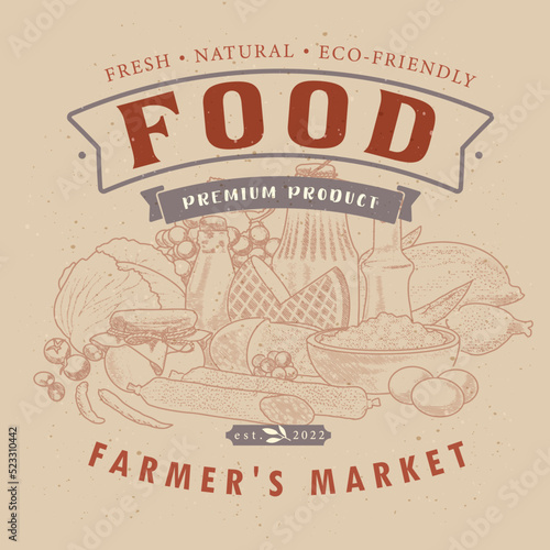 Food market label. The banner template of a grocery store of organic farm products and foodstuffs