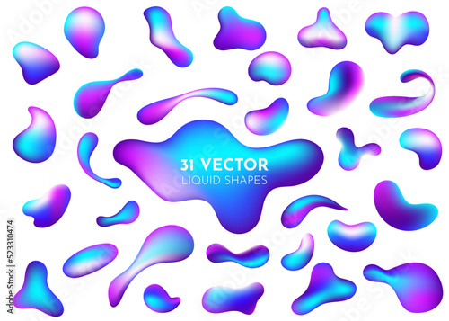 Liquid flow glow purple, blue 3D neon lava lamp vector geometric set for banner, card or UI design. Gradient mesh bubble in the shape of a wave drop. 31 Fluid colorful abstract shapes collection