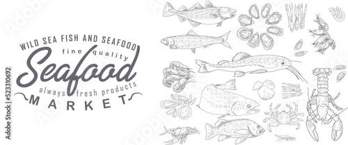 A set of seafood in an engraved style. Vintage fish market design. A frame for advertising a fish products store.