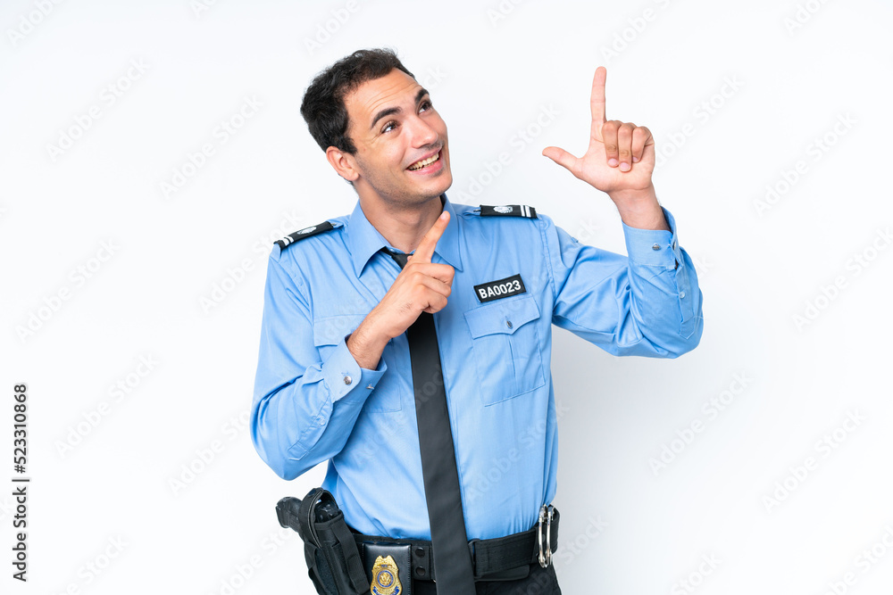 Young police caucasian man isolated on white background pointing with the index finger a great idea Young police caucasian man isolated on white background pointing with the index finger a great idea