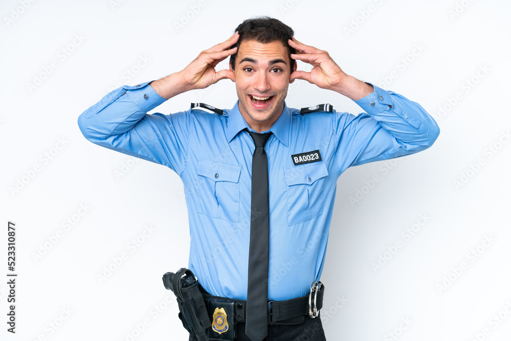 Young police caucasian man isolated on white background with surprise expression Young police caucasian man isolated on white background with surprise expression