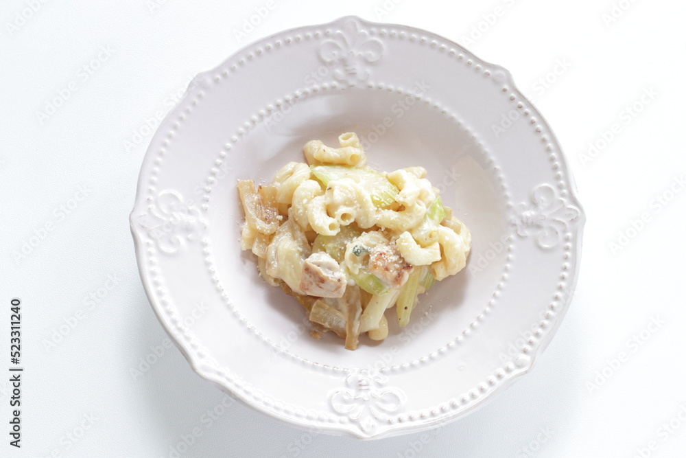 Macaroni and celery with seafood cheese salad with copy space Macaroni and celery with seafood cheese salad with copy space