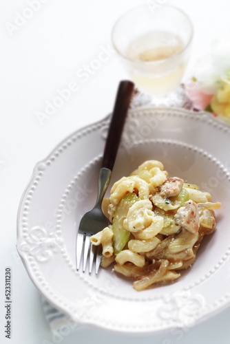 Macaroni and celery with seafood cheese salad with copy space