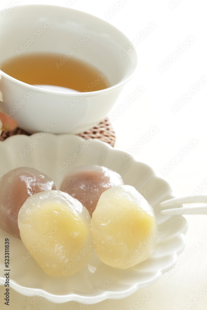Japanese confectionery, crystal mochi sweet dessert on white dish