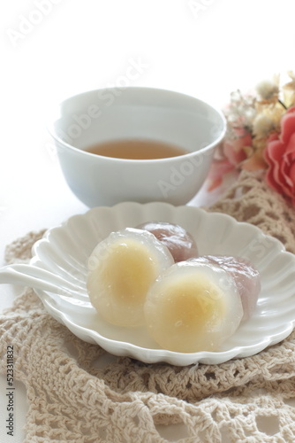 Japanese confectionery, crystal mochi sweet dessert on white dish