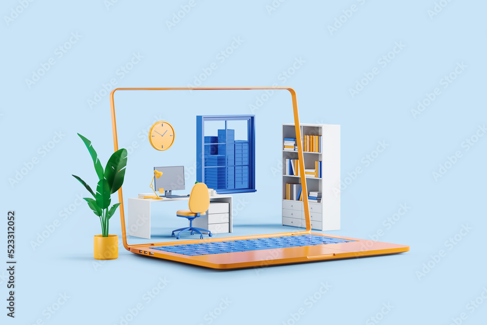 Laptop and cartoon office interior with desk and computer, shelf and
