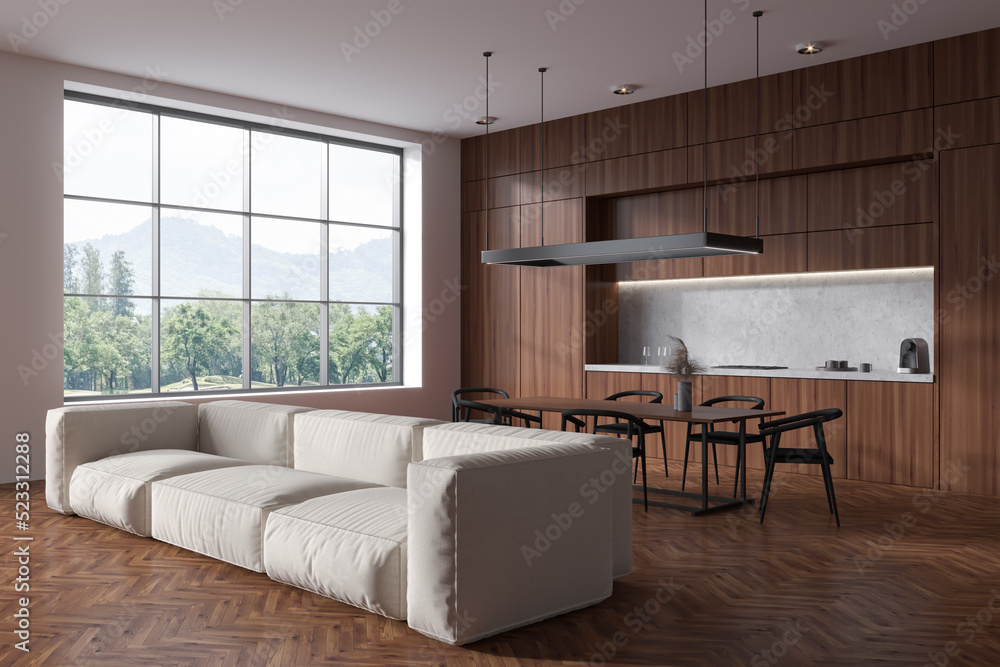 Light wooden kitchen interior with couch and dining area, panoramic window Light wooden kitchen interior with couch and dining area, panoramic window