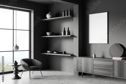Grey relax interior chair and decoration, panoramic window. Mockup frame © ImageFlow