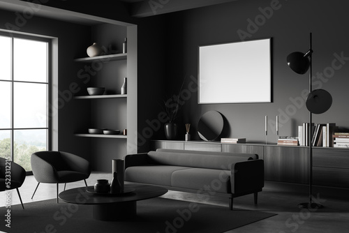 Grey relax interior chair and couch with decor, panoramic window. Mockup frame