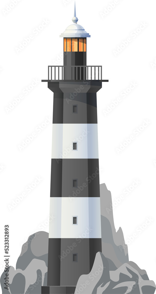 Sea lighthouse on shore with rocks vector icon