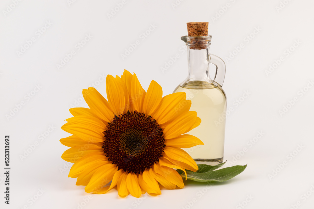 Sunflower oil in glass jug, seeds and flower isolated on white background Sunflower oil in glass jug, seeds and flower isolated on white background
