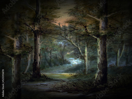 hand painted original impressionism art painter watercolor painting mysterious forest scary botanical vegetation natural beauty wildflower misty woods morning path sunlight foggy fragment of artwork
