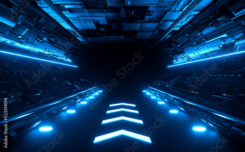 Hallway Corridor Passage Tunnel Spaceship Modern Sci Fi Futuristic Blue Neon Laser Rays Glowing Tech Illustration 3d Rendering