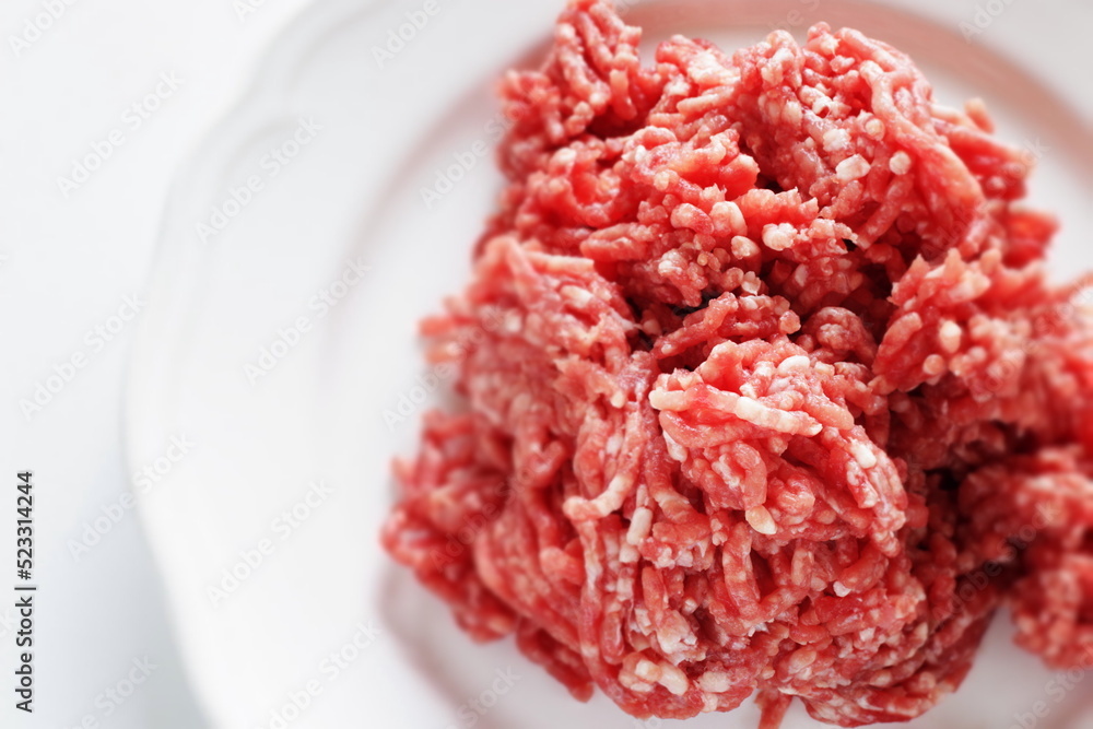 Freshness minced beef on dish for cooking ingredient Freshness minced beef on dish for cooking ingredient