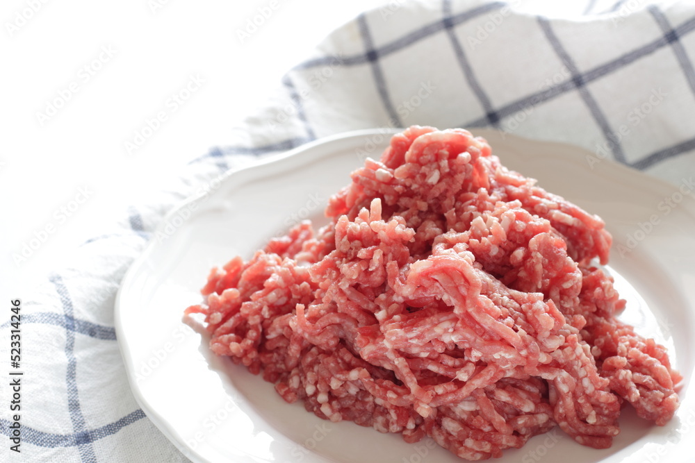 Freshness minced beef on dish for cooking ingredient Freshness minced beef on dish for cooking ingredient