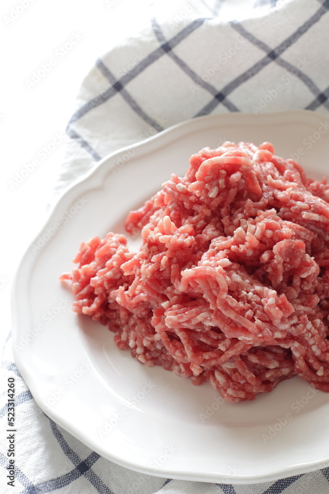 Freshness minced beef on dish for cooking ingredient Freshness minced beef on dish for cooking ingredient