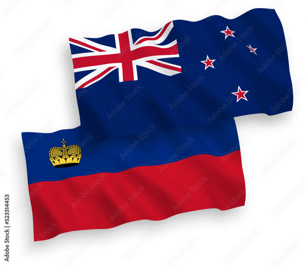 Fototapeta premium Flags of Liechtenstein and New Zealand on a white background