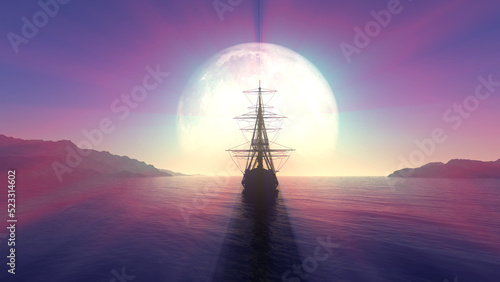 Billede på lærred old ship in sea full moon illustration