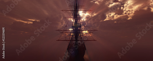 old ship sunset at sea 3d rendering
