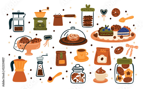 Coffee and cakes hand drawn collection. Set with delicious desserts, cookie, brownie, tart, biscuit, pie. Sweet menu for cafes, restaurants, shops. French press, coffee maker, grinder