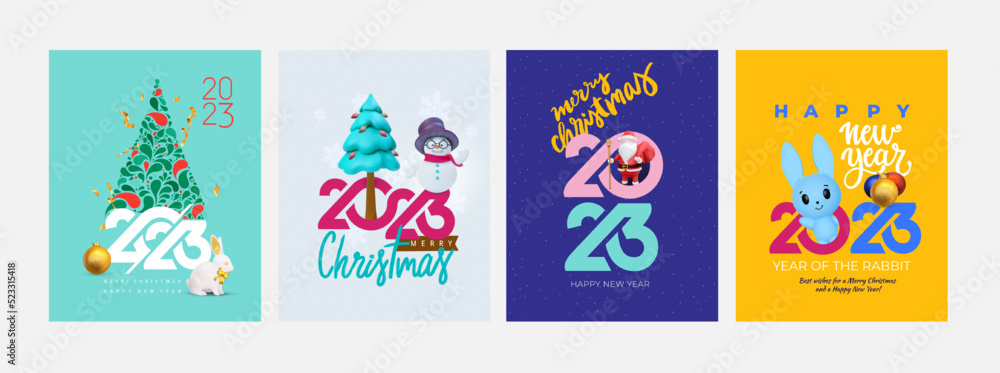 Set of 2023 Happy New Year posters. Creative concept of design templates with typography logo 2023 for celebration and season decoration. Minimalistic 3D realistic trendy for branding, banner, cover.