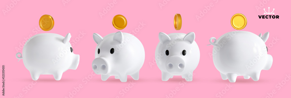 Set of gold coins fly around the white piggy bank. Symbol of profit and growth. Design object for advertising sale. Stability and security of money storage. Realistic vector illustration.