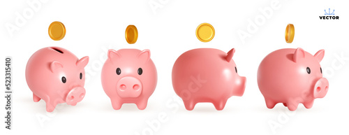 Set of piggy banks with gold coins. Symbol of profit and growth. Design object for advertising sale. Stability and security of money storage. Realistic vector illustration pink piggy bank collection.