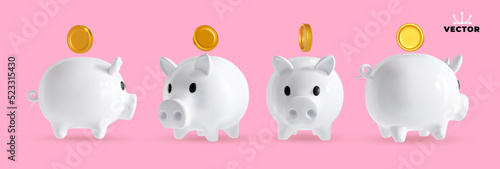 Set of gold coins fly around the white piggy bank. Symbol of profit and growth. Design object for advertising sale. Stability and security of money storage. Realistic vector illustration.