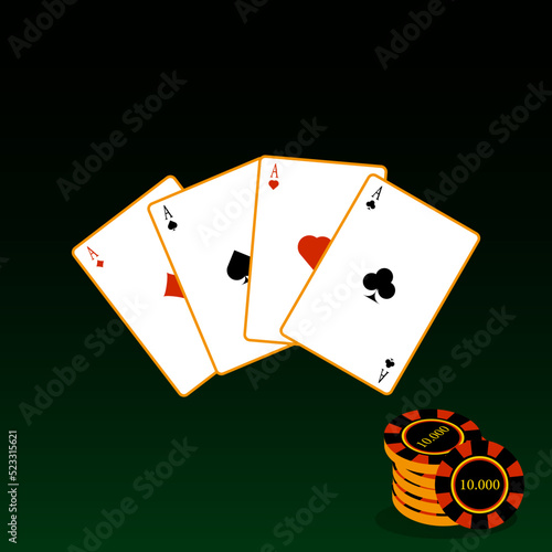 Poster on the theme of the poker club. A handful of ten thousand playing chips, four aces on a dark green background. For promotions and companies