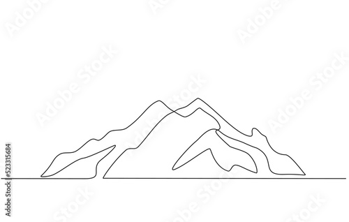 Continuous line drawing of a mountainous landscape. Minimalist horizon with mountain peaks in simple single line style. Winter sports adventure concept in doodle style. Editable strokes.