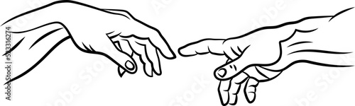 Michelangelo Buonarroti - The Creation of Adam. Part, replica, hands, line.