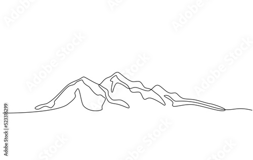 Continuous line drawing of a mountainous landscape. Minimalist horizon with mountain peaks in simple single line style. Winter sports adventure concept in doodle style. Editable strokes.