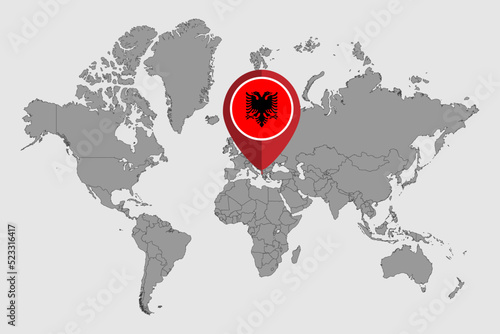 Pin map with Albania flag on world map.Vector illustration.