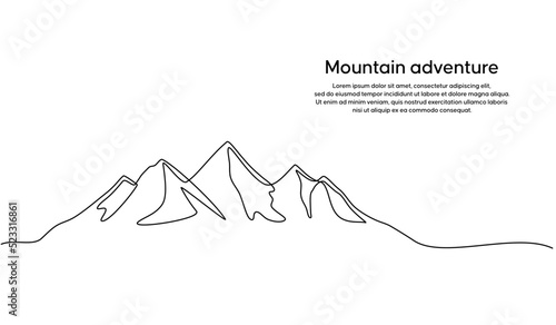 Continuous line drawing of a mountainous landscape. Minimalist horizon with mountain peaks in simple single line style. Winter sports adventure concept in doodle style. Editable strokes.