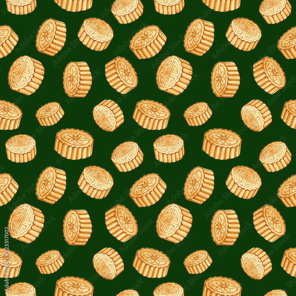 Watercolor hand drawn mid autumn festival seamless pattern. Moon cakes on green background repeat print. Chinese traditional ornament. Watercolor hand drawn mid autumn festival seamless pattern. Moon cakes on green background repeat print. Chinese traditional ornament.