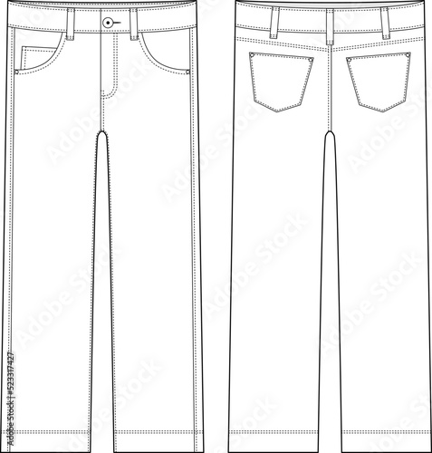 Children's classical jeans technical sketch. Denim casual clothes.