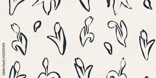 Hand drawn black and white minimalist abstract flower print. Modern collage pattern. Fashionable template for design.