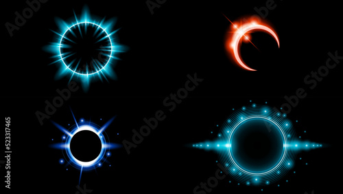 Set Sun Eclipse Solar Collection Color Fire Dark Background Vector Moon Design Style Space Science Glow Light