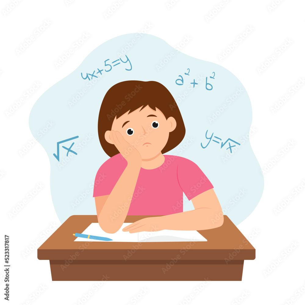 Girl doing homework and feel confused. Child at his desk solving a math problem. Vector illustration Girl doing homework and feel confused. Child at his desk solving a math problem. Vector illustration
